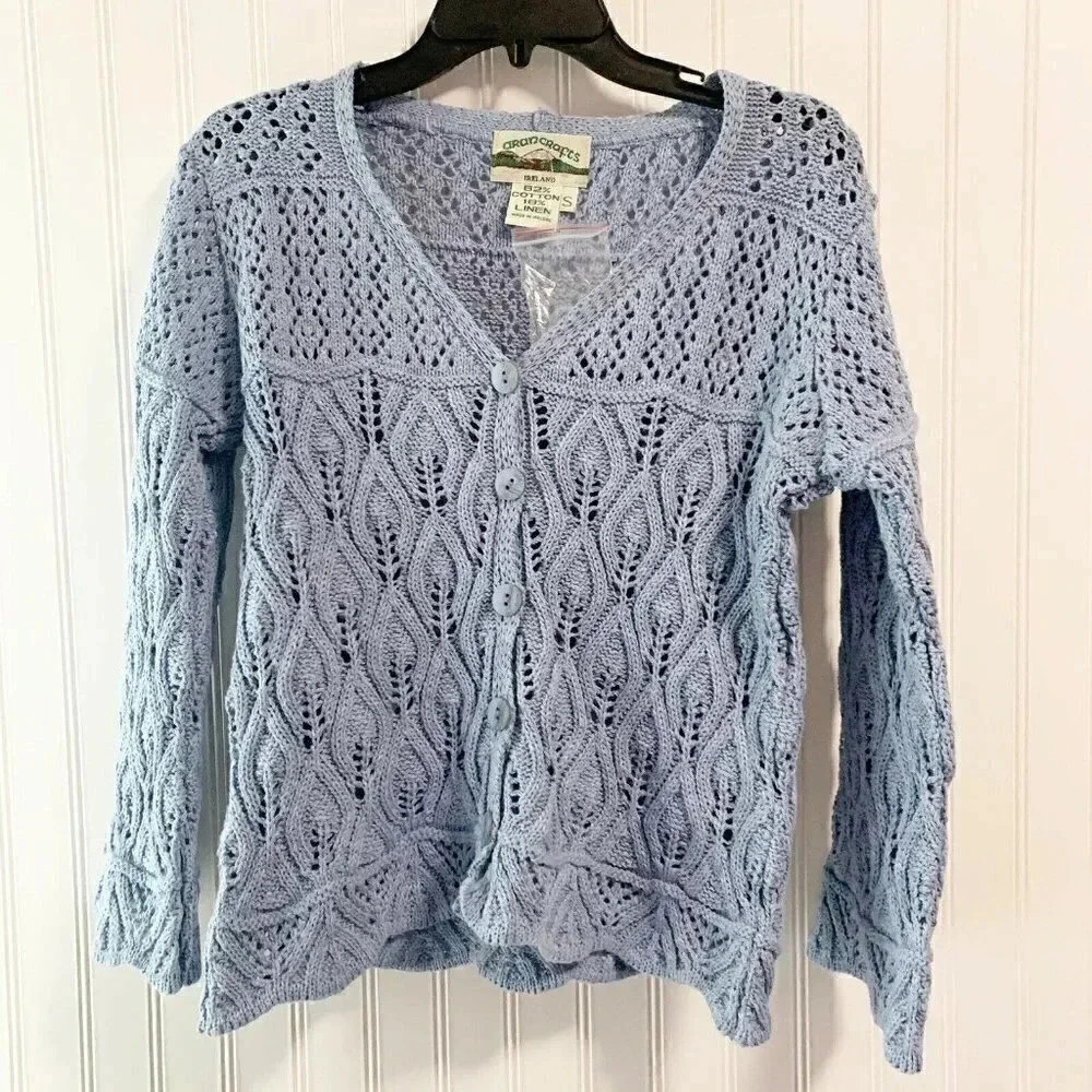 Aran Craft Size S Blue Cotton & Linen 3/4 Sleeves Open Knit Shrug Cardigan NEW!